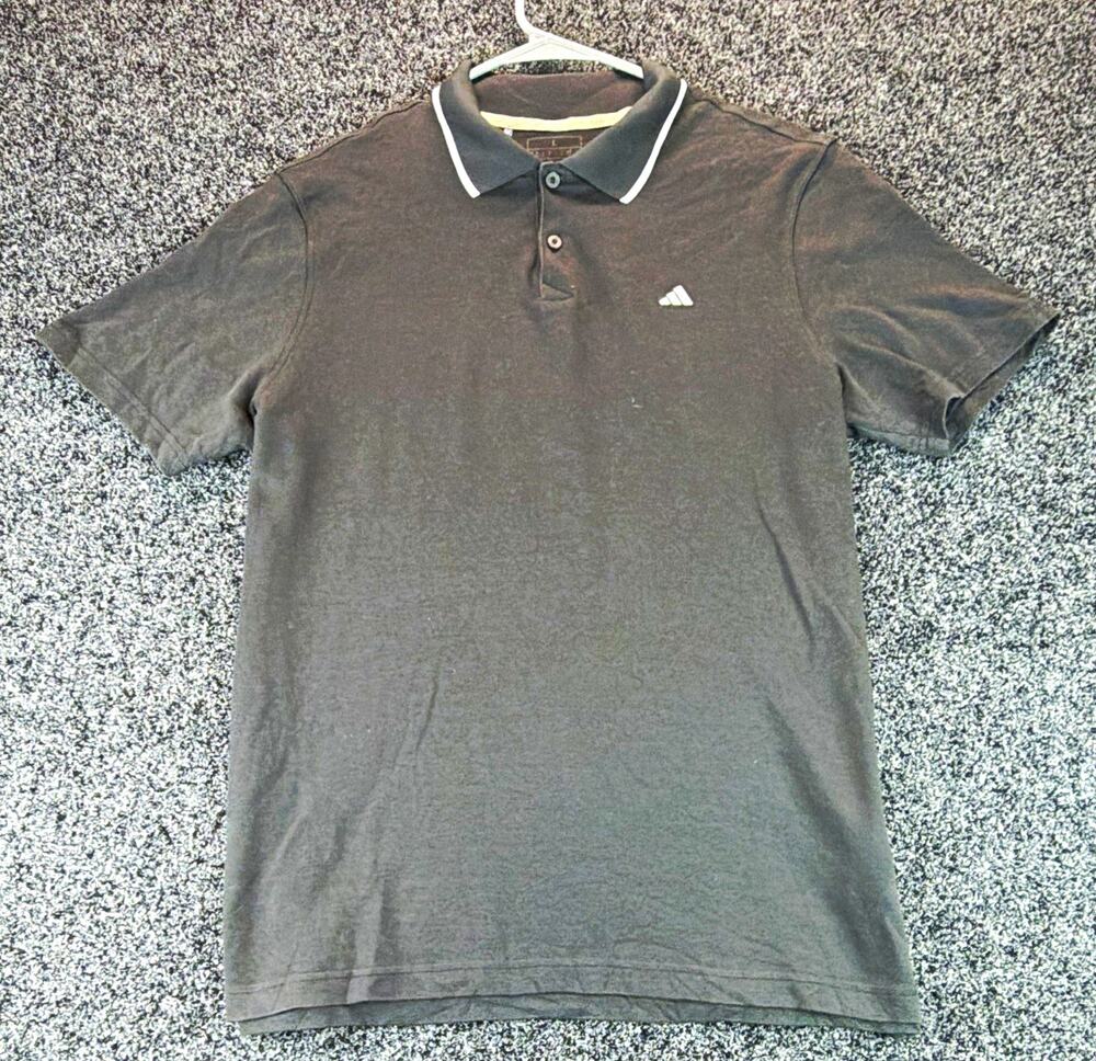 adidas Polo Shirt Men's L Black Short Sleeve Collared Solid Logo Button Knit